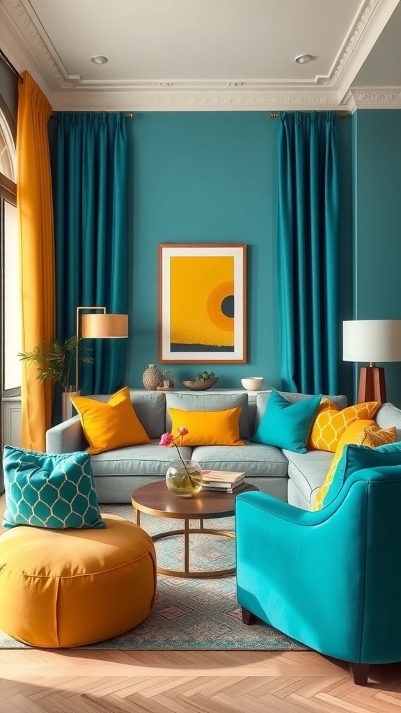 A living room featuring teal walls and mustard yellow accents, including cushions and curtains.