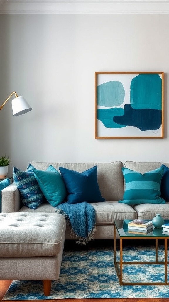 A cozy living room featuring a teal sofa with various blue pillows, a gold-framed artwork on the wall, and a glass coffee table.