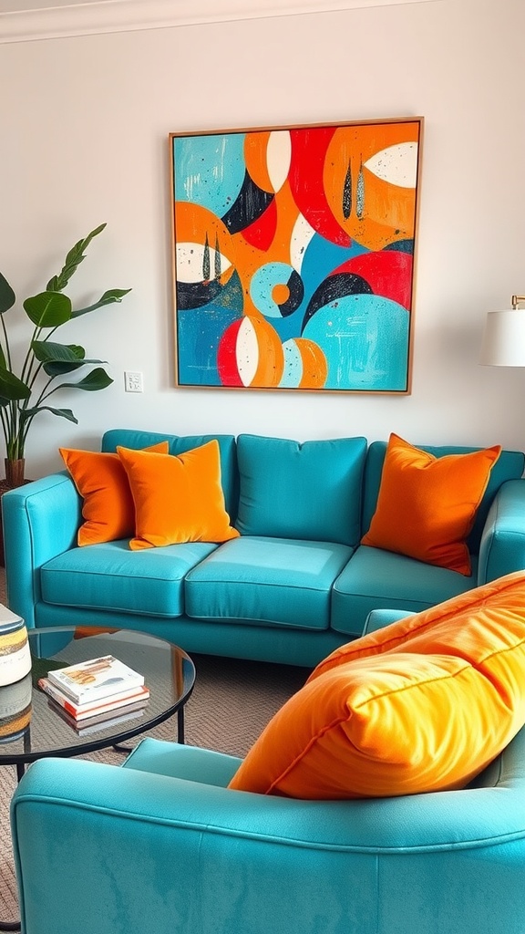 A stylish living room with a teal sofa and orange pillows, featuring abstract artwork on the wall.