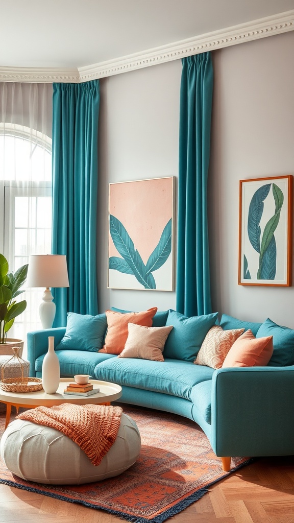 Living room featuring teal couch, peach accents, and artistic decor