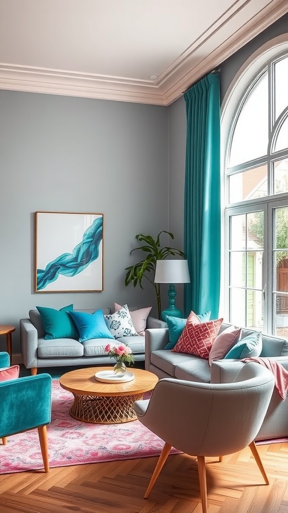 A stylish living room featuring teal and pink decor elements, including cushions, curtains, and a patterned rug.