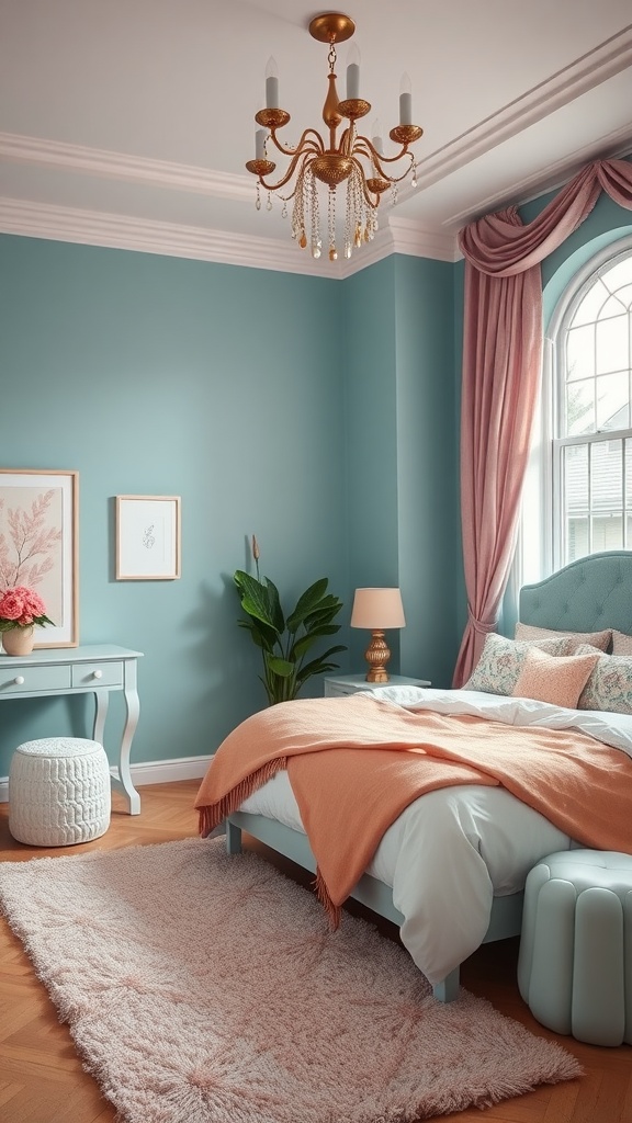 A beautifully decorated teal bedroom featuring pink accents, a chandelier, and cozy furnishings.