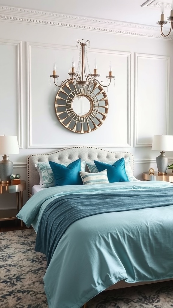 A stylish teal bedroom featuring a cozy bed with teal bedding and decorative pillows, complemented by silver accents in the decor.