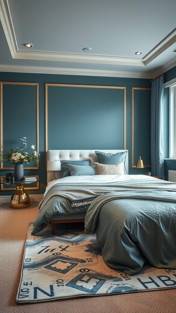 A sophisticated teal bedroom featuring plush bedding, elegant silver accents, and a stylish rug.