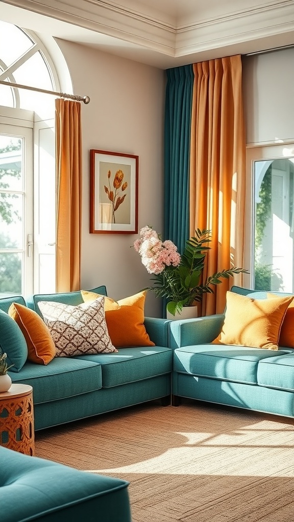 A cozy living room with teal sofas, tan curtains, and decorative pillows, featuring a warm and inviting atmosphere.