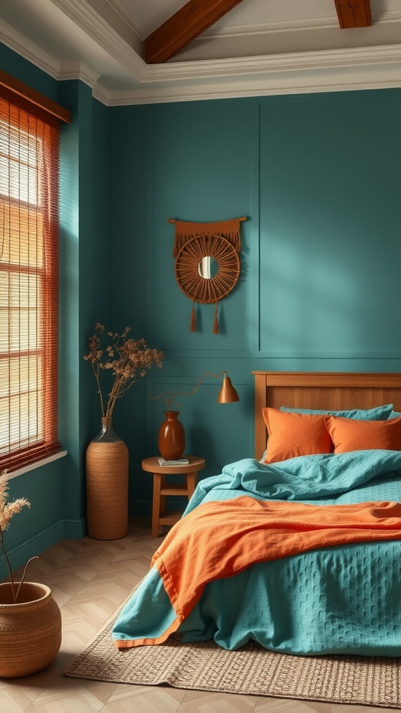 A cozy bedroom featuring teal walls and terracotta accents, showcasing a harmonious color palette.