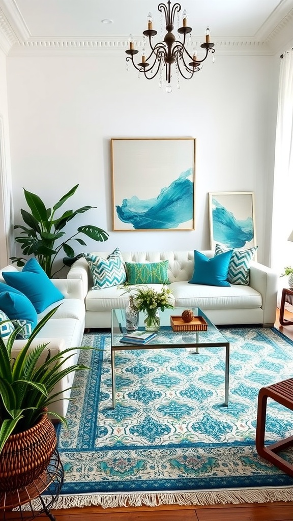 A stylish living room featuring a white sofa, teal accents, and decorative elements, creating a chic atmosphere.