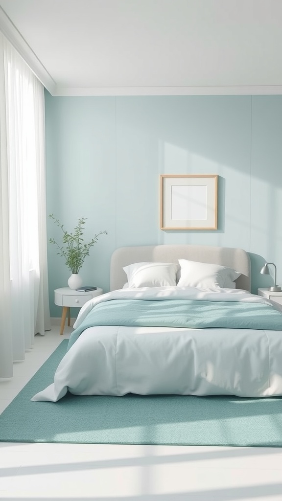 A serene bedroom with teal walls, light bedding, and a touch of greenery.