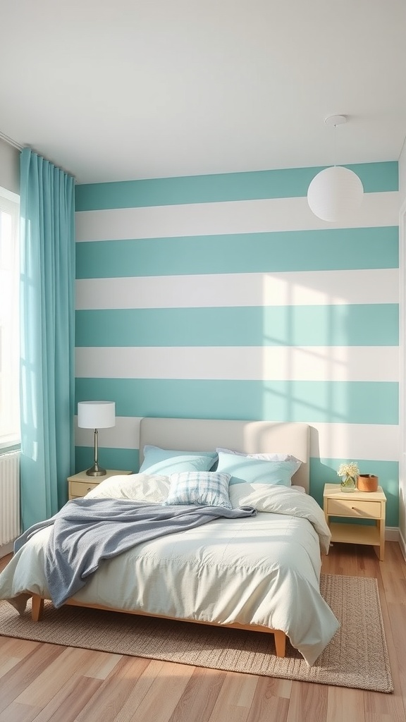 A cozy bedroom featuring teal and white striped walls, a light bedspread, and natural wood flooring