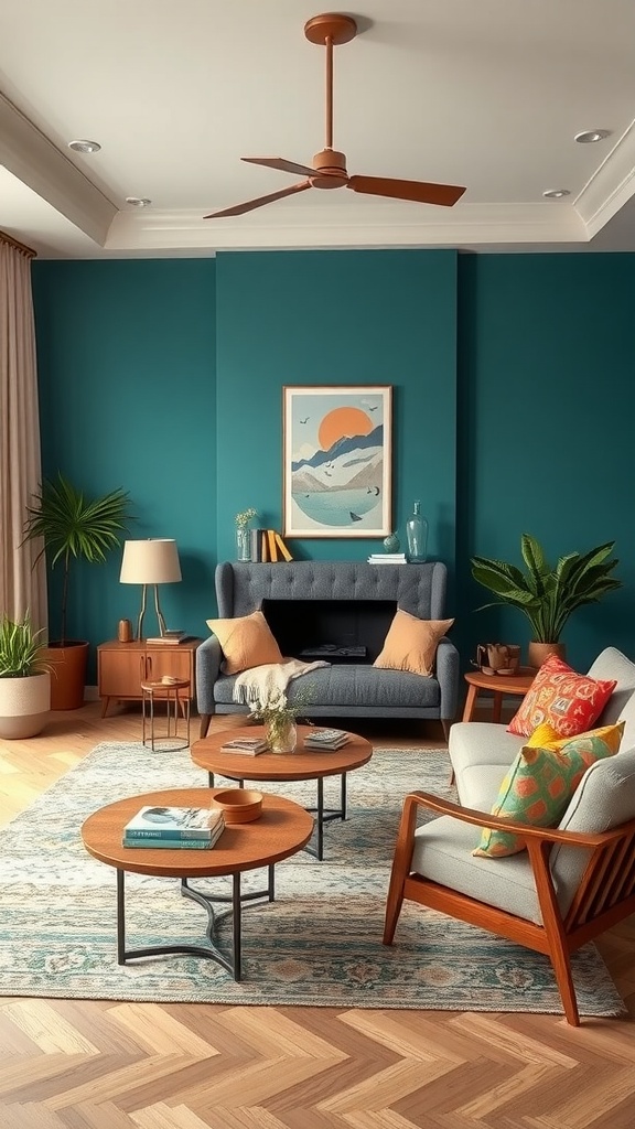 A modern living room featuring teal walls and wooden furniture, creating a chic and inviting atmosphere.