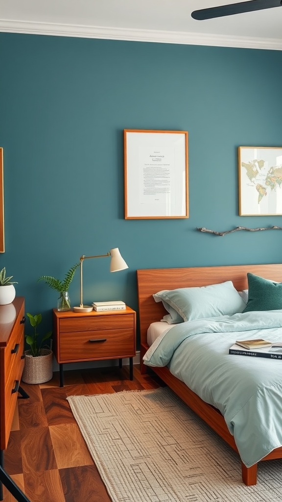 Teal bedroom featuring wooden furniture and green plants