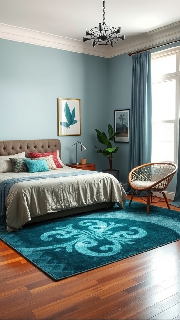 A cozy bedroom featuring a teal area rug, wooden flooring, and stylish decor.