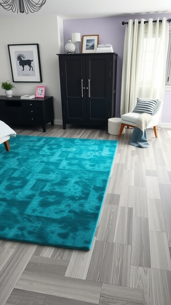 A teal area rug on grey flooring with a modern bedroom setting