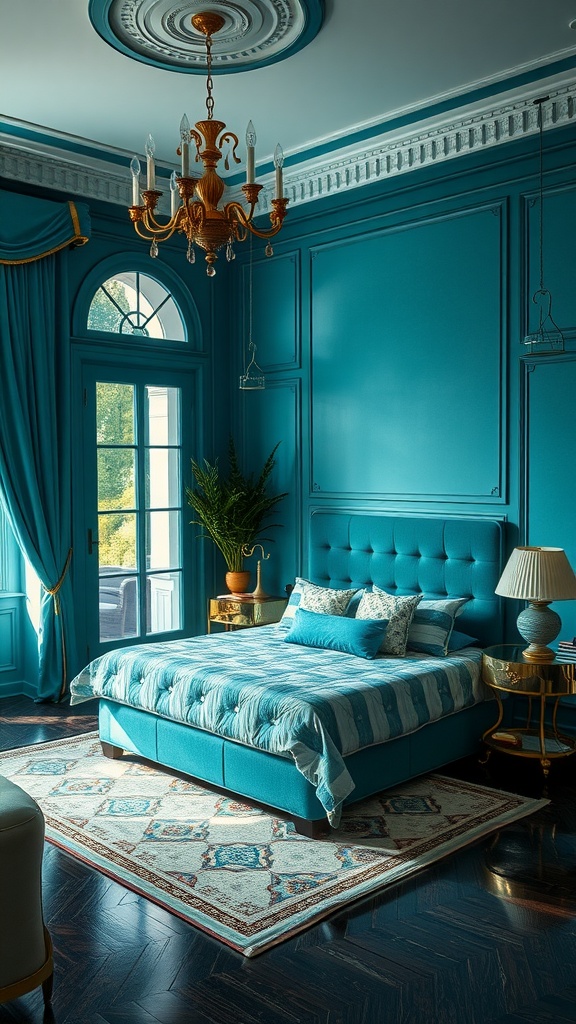 A stylish teal bedroom featuring an Art Deco design with a tufted bed, ornate chandelier, and elegant details.