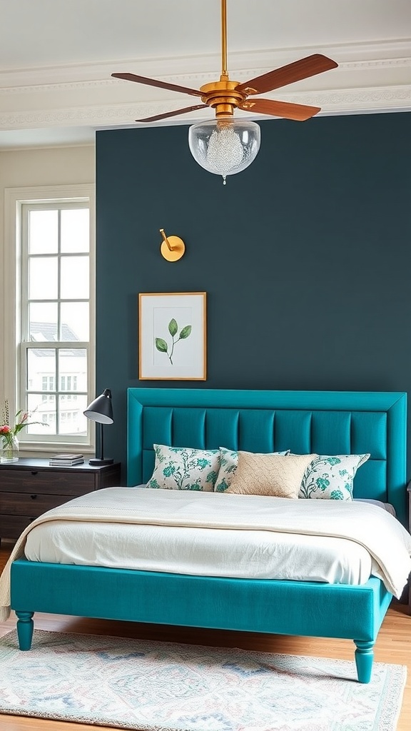 A stylish teal bed frame with a tufted headboard in a bedroom featuring dark green walls and light decor.