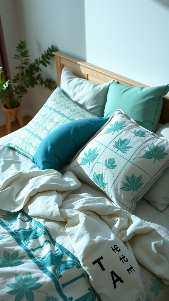 Cozy bed with teal bedding and patterned pillows