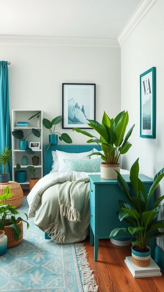 A stylish teal bedroom featuring plants, a bed with a blanket, and a cozy rug