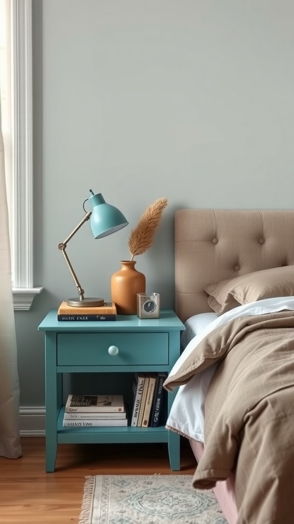 Teal bedside table with lamp, vase, and books in a bedroom setting