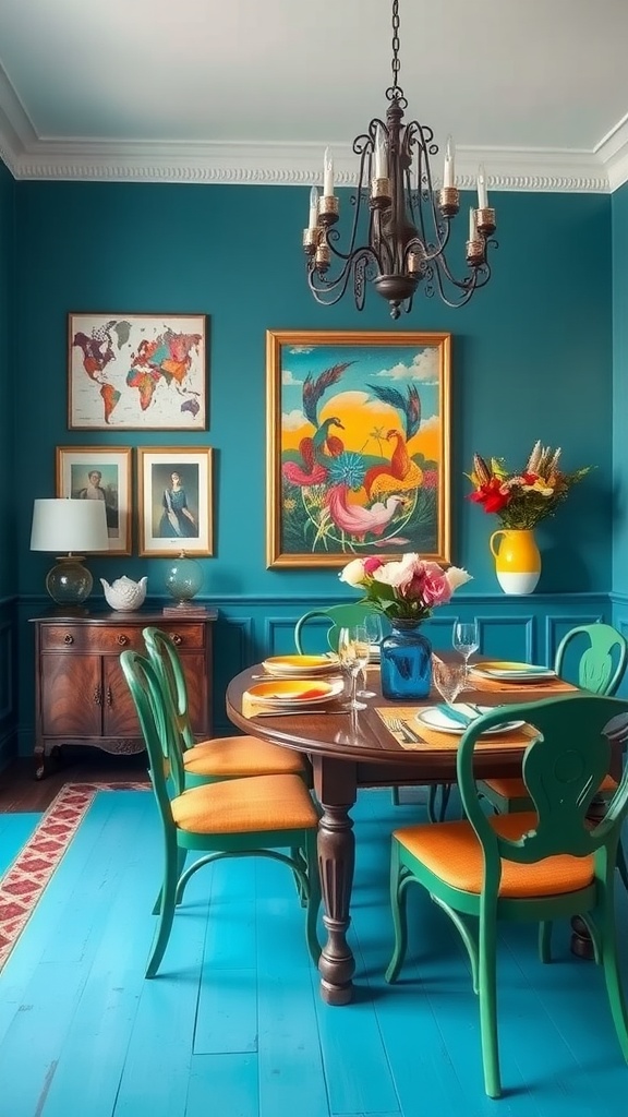 A vibrant dining room featuring teal blue walls, a stylish light fixture, and colorful table settings.