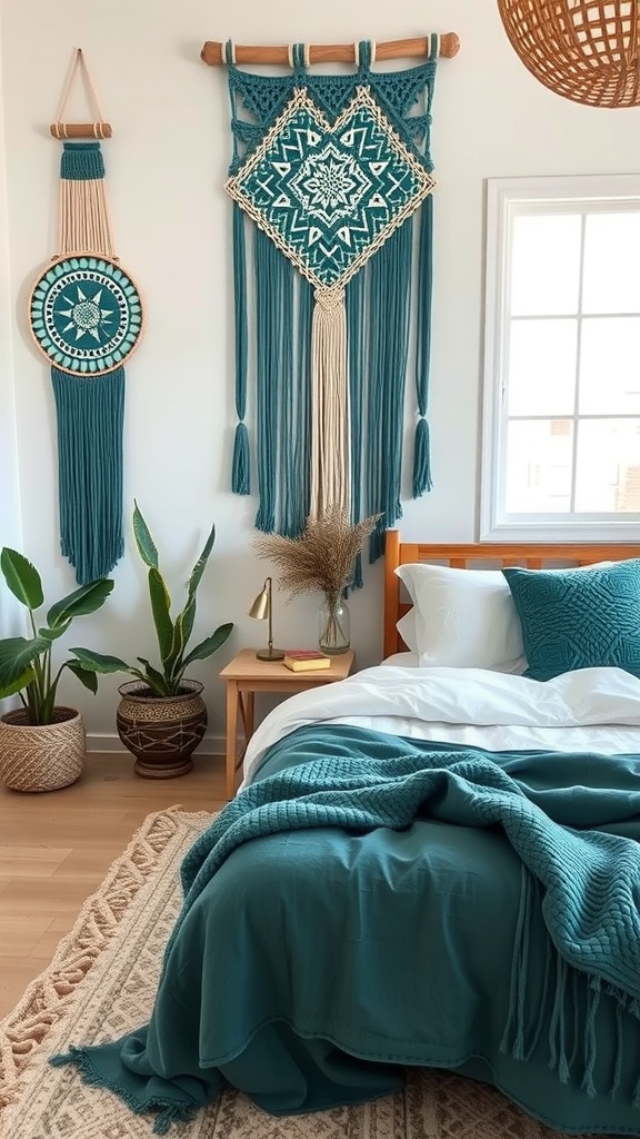 A cozy bedroom featuring teal macrame wall art, potted plants, and teal bedding.