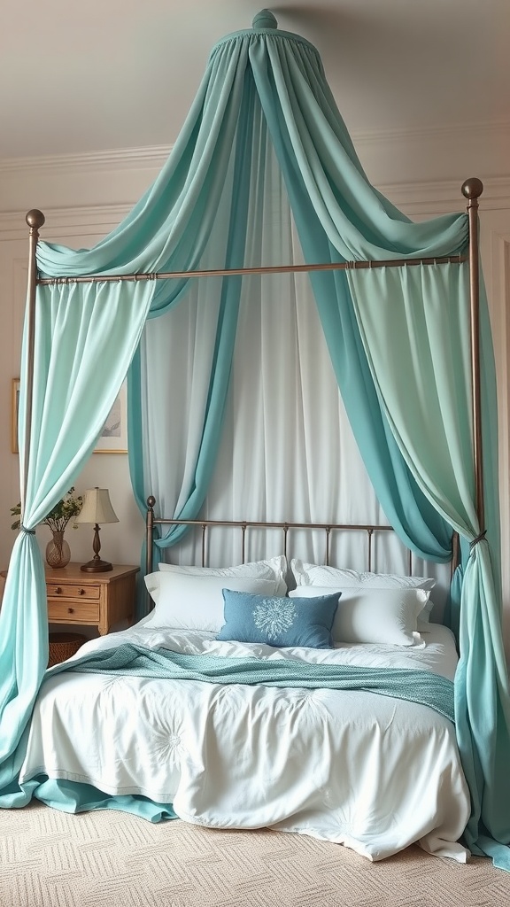 A stylish teal canopy bed with soft draping fabrics, complemented by a light-colored room decor.