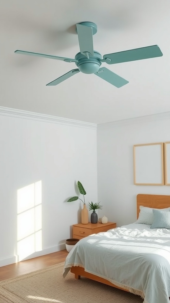 A teal ceiling fan in a bright, modern bedroom