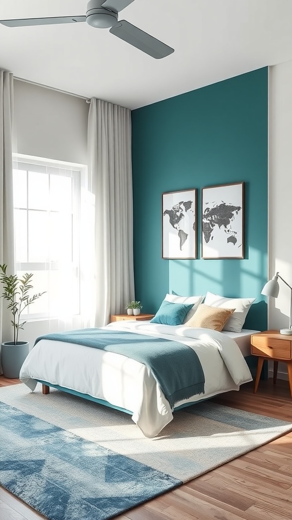 A modern bedroom with a teal accent wall, cozy bedding, and natural light.