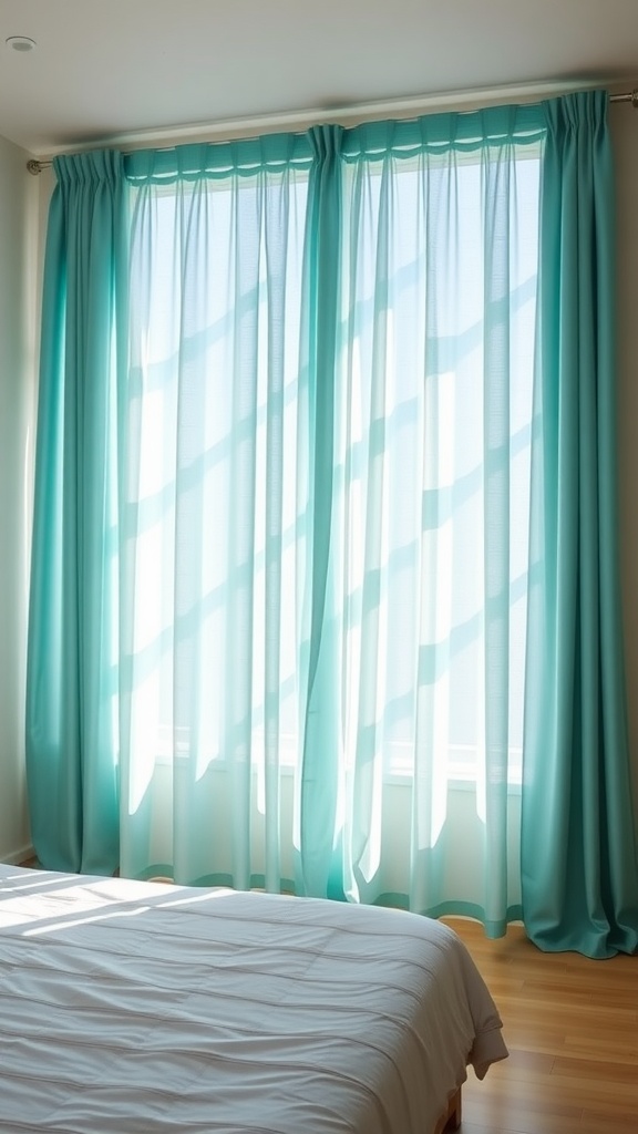 Room with teal curtains allowing natural light to filter in, casting shadows on a bed.