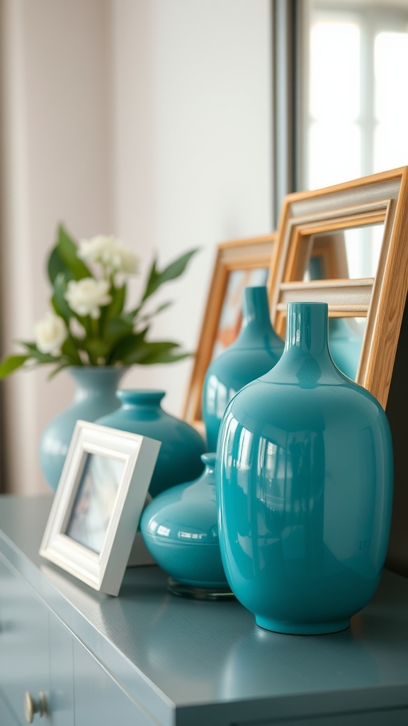 Teal decorative vases and picture frames on a dresser