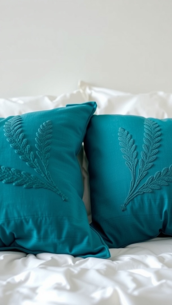 Two teal decorative pillows with leaf embroidery on a white bedspread