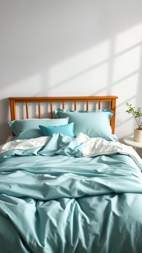 A cozy bed with a teal duvet cover and pillows in various shades of teal.