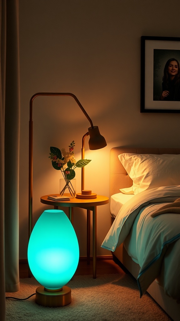 A cozy bedroom featuring teal and warm-toned floor lamps, a side table with greenery, and a neatly made bed