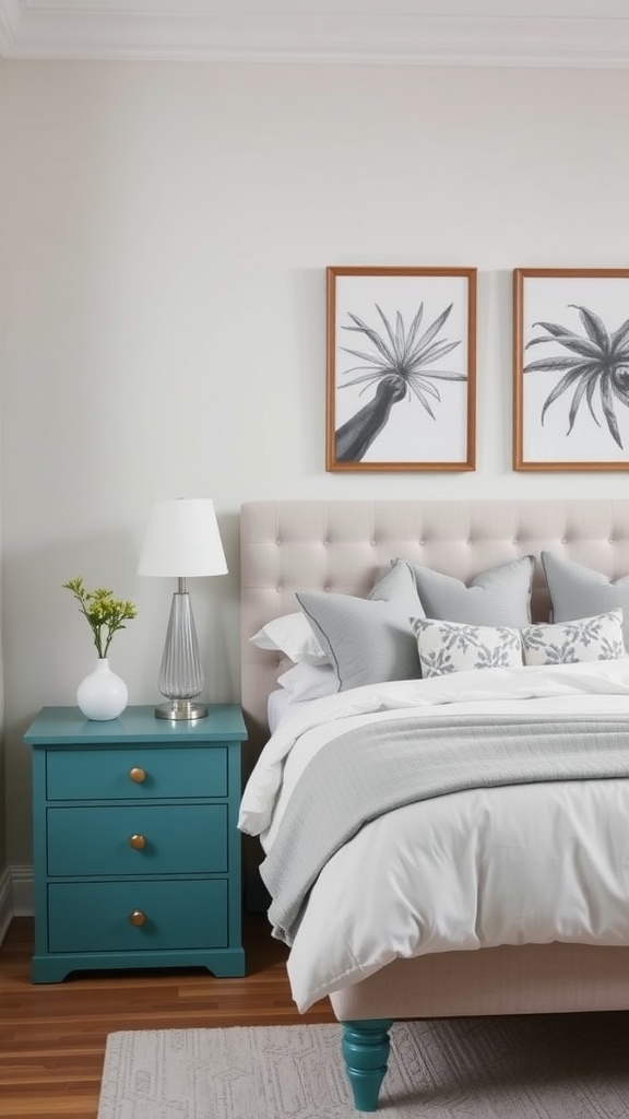 A teal nightstand beside a beige tufted bed with gray bedding and palm tree artwork.