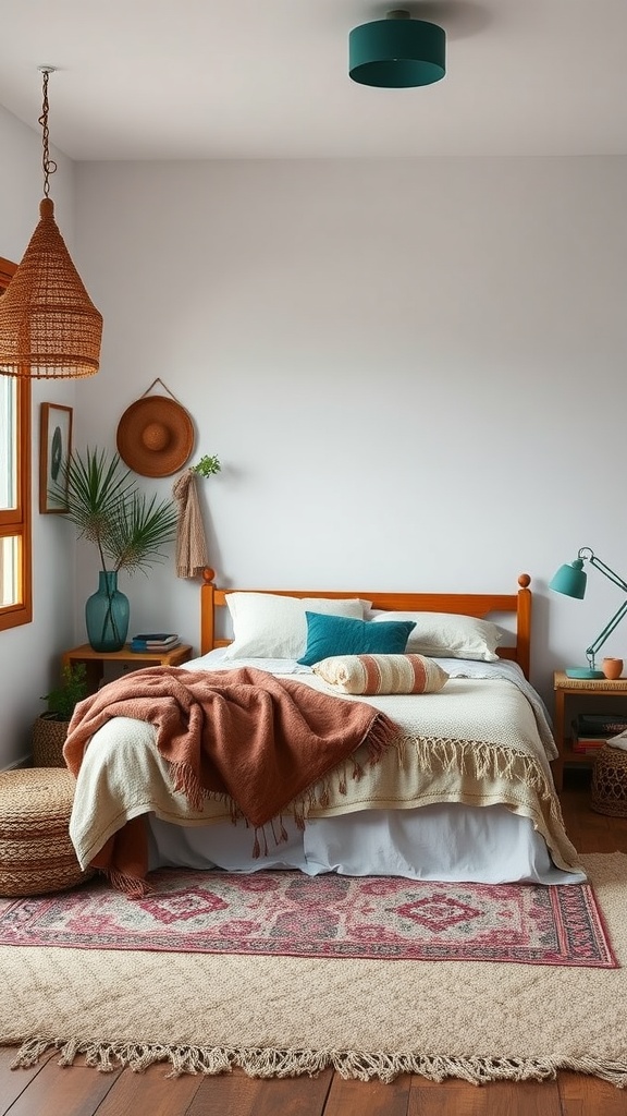 A cozy bohemian bedroom featuring teal accents, a wooden bed, layered bedding, and a patterned rug.