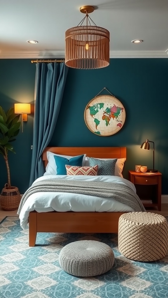 A small teal bedroom with a bed, decorative pillows, and wall art.