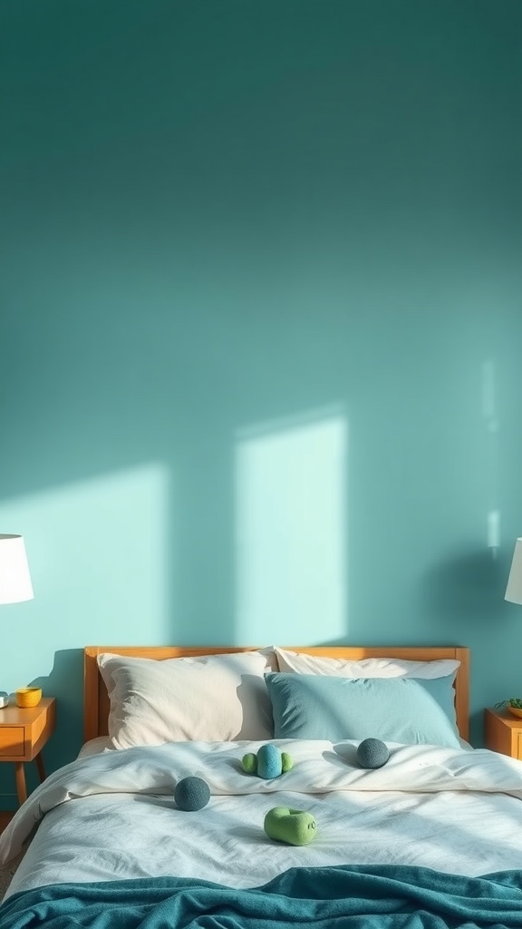 A serene teal bedroom with a neatly made bed, featuring teal walls and playful colored cushions.