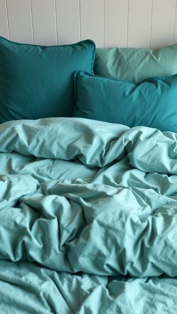 Layered teal bedding with multiple pillows