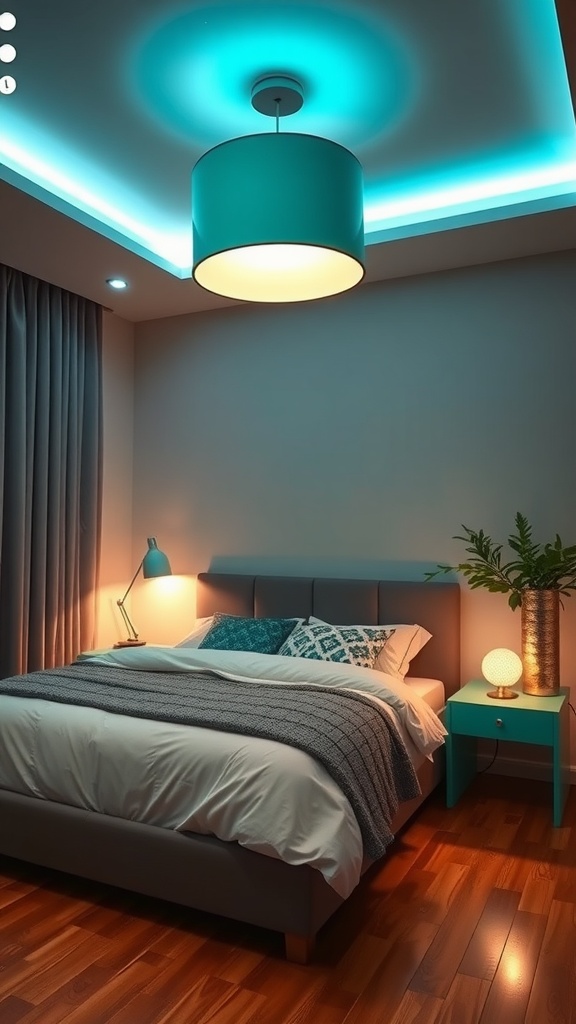 A cozy bedroom featuring teal lighting fixtures, including a pendant light and a bedside lamp, creating a inviting atmosphere.