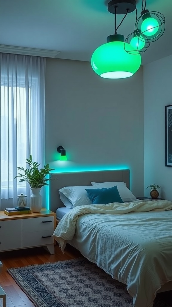 A cozy bedroom featuring teal lighting fixtures, a neat bed, and plants, creating a serene atmosphere.