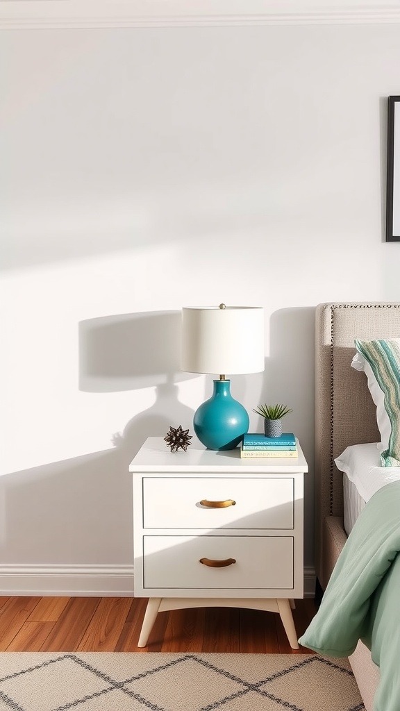 Teal nightstand with lamp, books, and decorative items in a cozy bedroom setting.