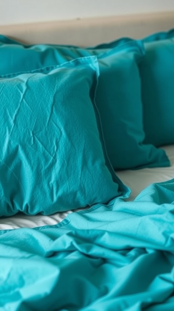 A close-up of teal pillow cases on a bed, showcasing a soft and vibrant bedding arrangement.