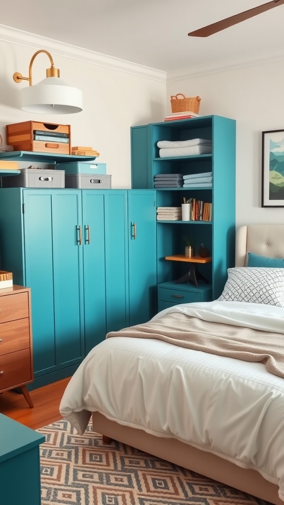 A teal themed bedroom featuring storage solutions including cabinets and open shelving.