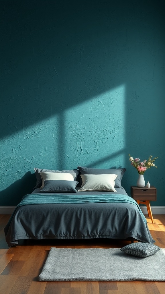 A cozy bedroom with teal textured walls, a neatly made bed, and stylish decor.