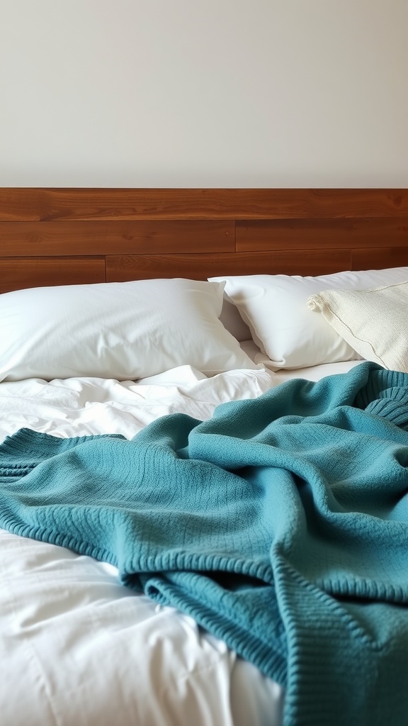 A teal throw blanket draped over a bed with white sheets and a wooden headboard