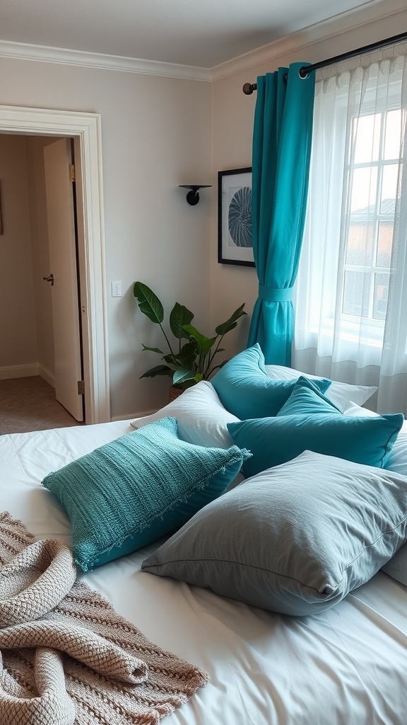 A cozy bedroom featuring teal throw pillows on a bed with light-colored bedding and a knit throw blanket.