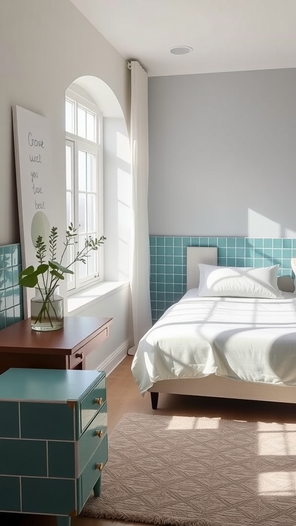 A bright bedroom with teal tiles along the wall, showcasing a mix of modern and cozy decor.