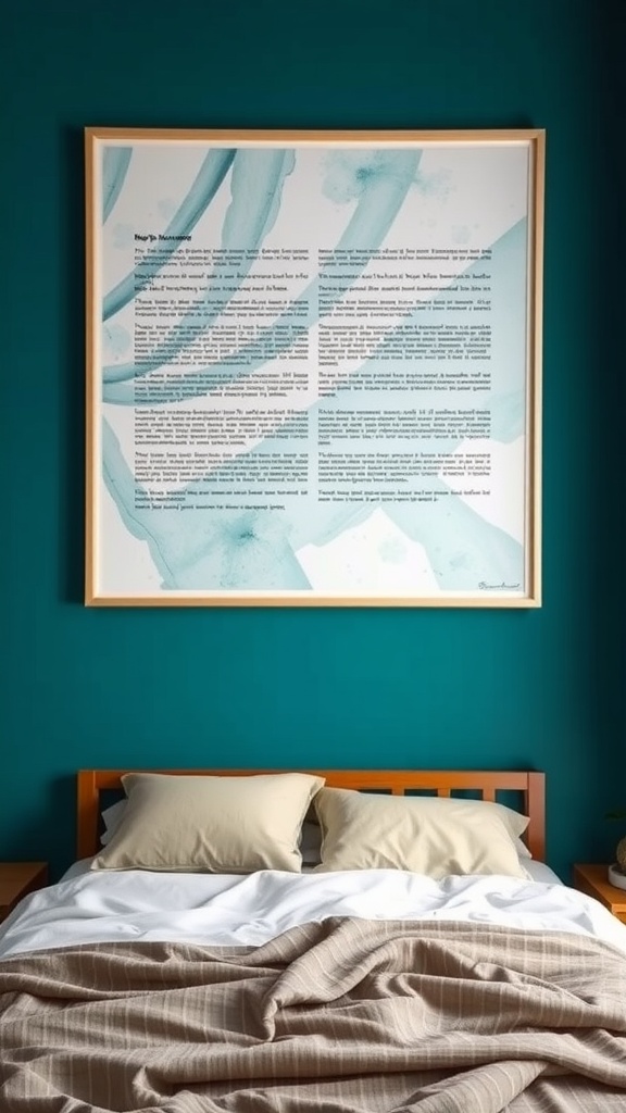 A teal bedroom featuring a large abstract wall art piece above the bed.