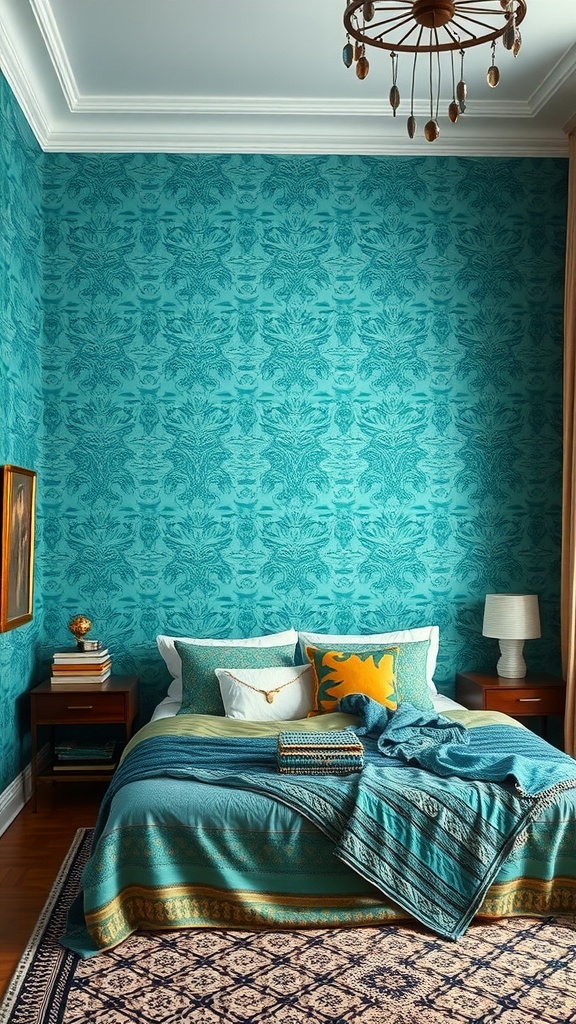 A cozy bedroom featuring teal wallpaper with a floral pattern, complemented by colorful bedding and decor.