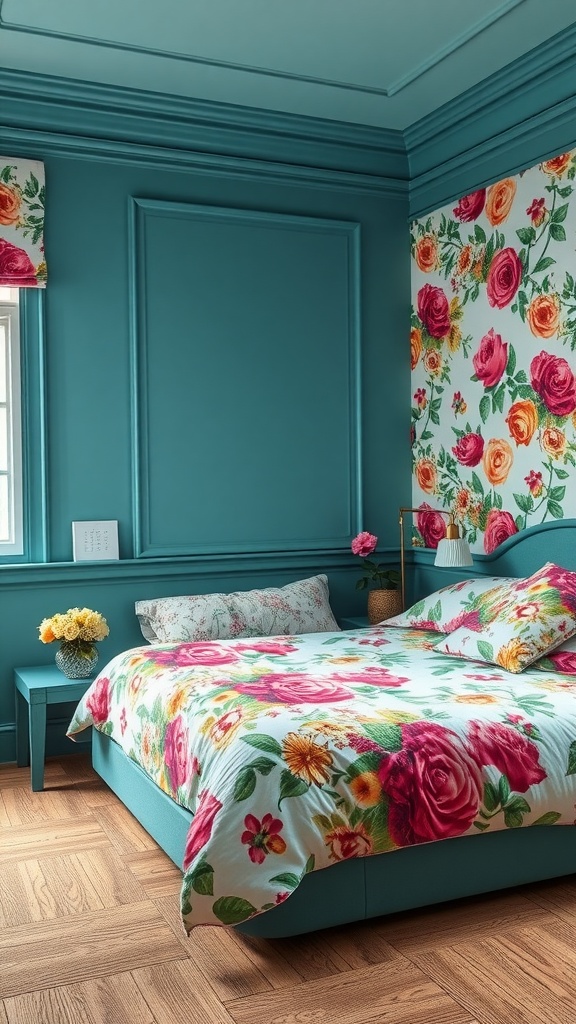 A vibrant teal bedroom featuring floral patterns on the bedding and walls, creating a fresh and inviting atmosphere.