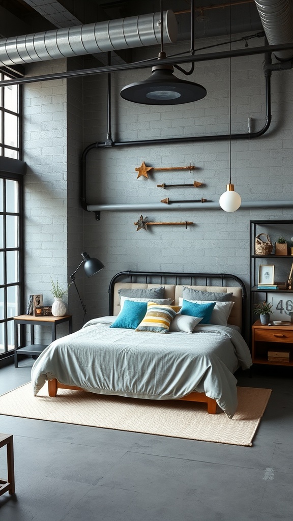 Teal colored bedding and cushions in an industrial styled bedroom with gray walls and metal accents.